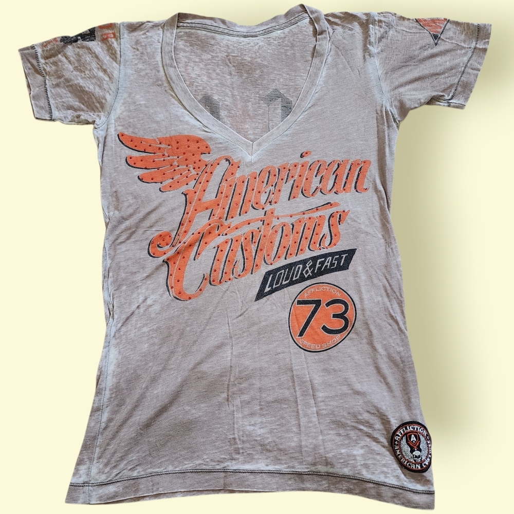 Affliction Tan T Shirt with Skull Patch And Gems